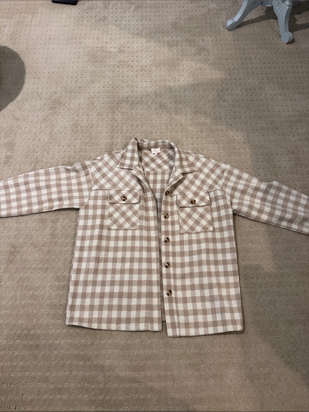 Womens Beige & White Checkered Button-Up Shirt Jacket